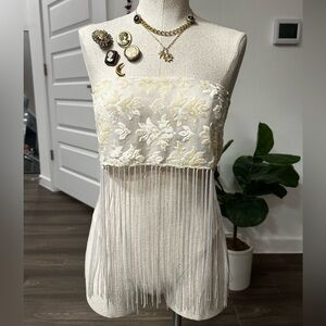 Vintage White and Cream Floral Fringe Scarf
